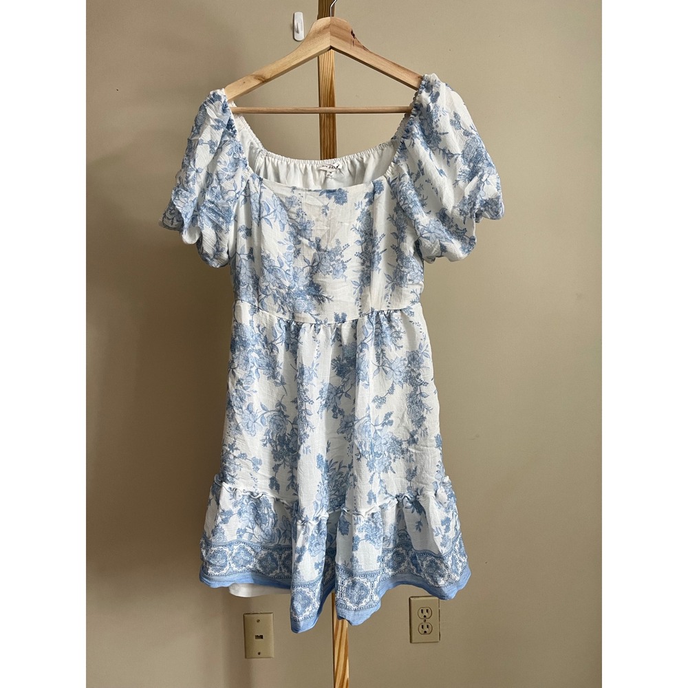 Blu Pepper White Blue Floral Puff Sleeve Square Neck Tiered Mini Dress M
